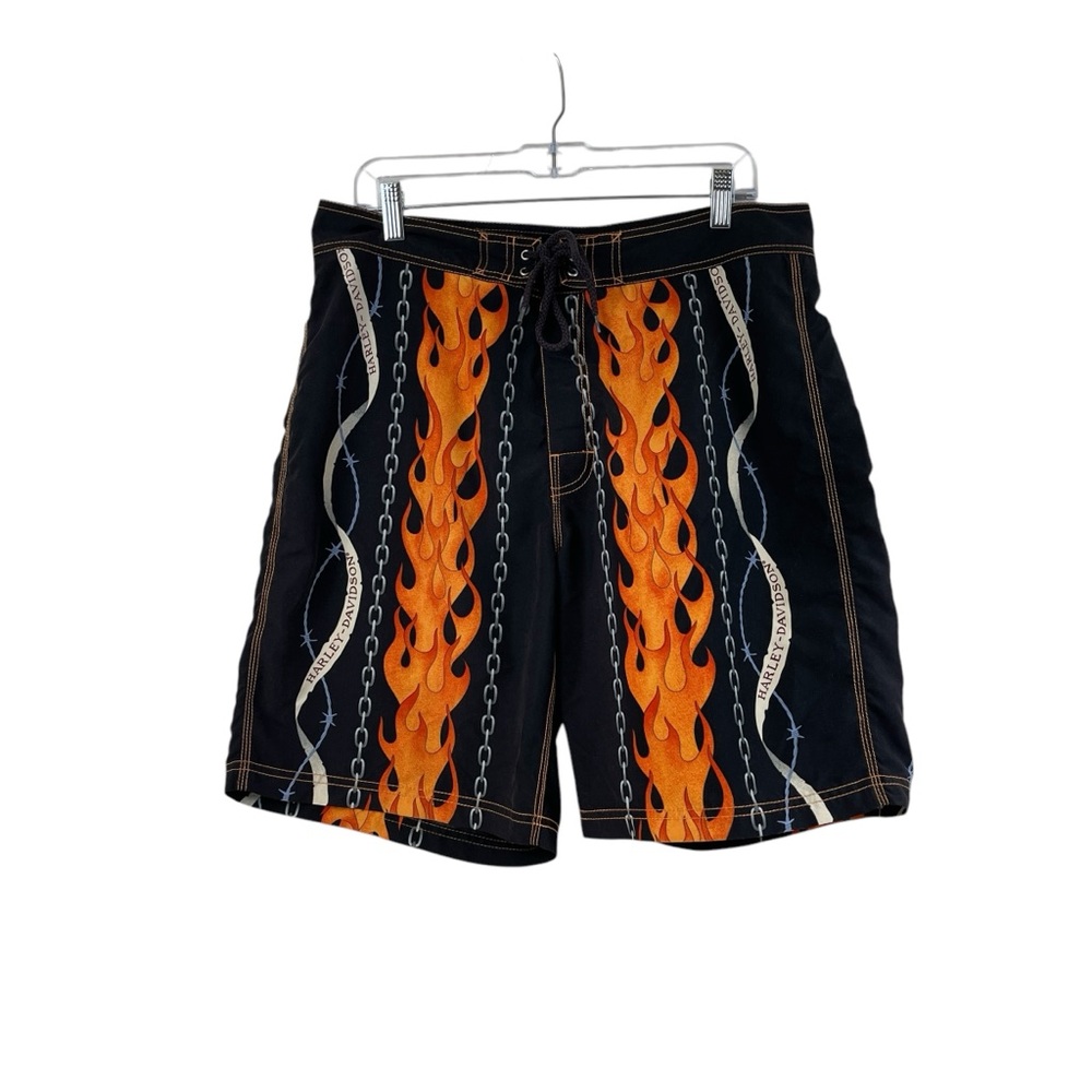 Harley Davidson Board Shorts Men's Size L Black Orange Flames Print *FLAWED